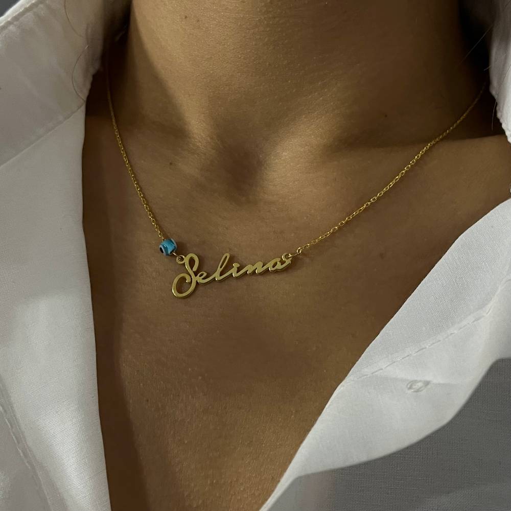 Kardelen Signatur Kette - Waagerecht mit Blaue Nazar Auge - 925 SILBER Letzte 3 Tage