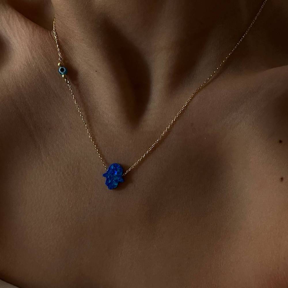 Kardelen Fatimas Hand Opal Kette mit Nazar Augenkette Dunkelblau - 925 SILBER Verkauf