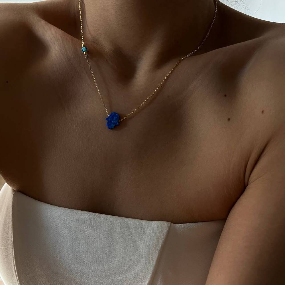 Kardelen Fatimas Hand Opal Kette mit Nazar Augenkette Dunkelblau - 925 SILBER Verkauf