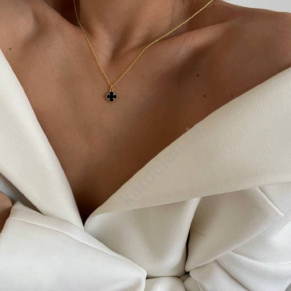 Kardelen 14K GOLD KLEE SCHWARZE HALSKETTE Letzte 2 Tage