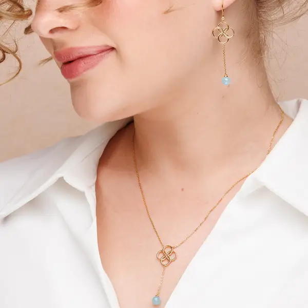 Leaf Jewelry Halskette Clover Charm, Aqua Chalzedon, 18 K Rosegold vergoldet Im Verkauf