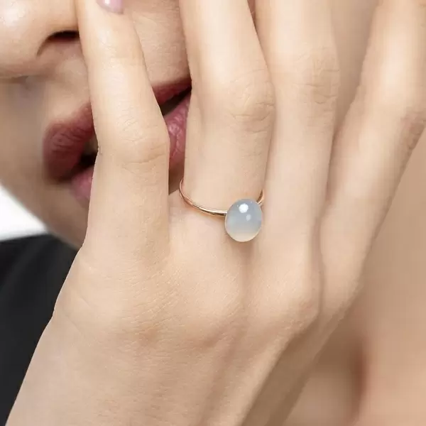 Leaf Jewelry Ring Cabochon II, 14 K Rosegold, Sea Blue Chalzedon Saisonschlussverkauf