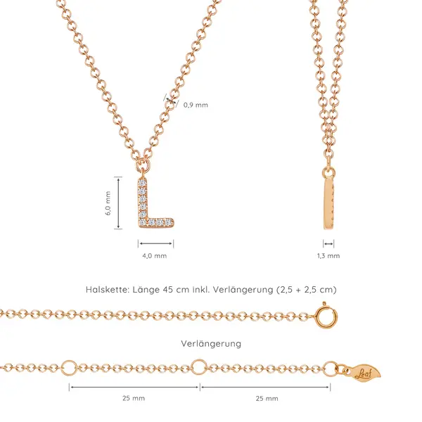 Leaf Jewelry Halskette Letter "L", 14 K Rosegold mit Diamanten Kostenloser Versand international