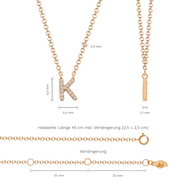 Leaf Jewelry Halskette Letter "K", 14 K Rosegold mit Diamanten Online