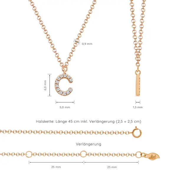 Leaf Jewelry Halskette Letter "C", 14 K Rosegold mit Diamanten Blitzangebot