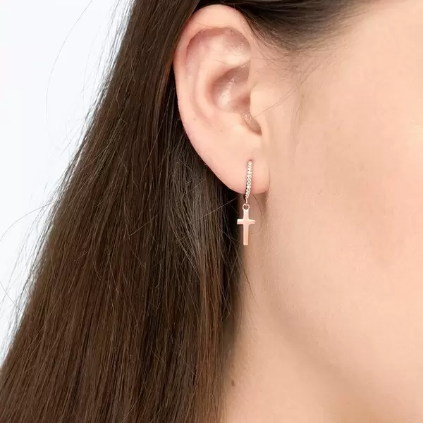 Leaf Jewelry Single Creole CROSS/Zirkonia, 18 K Rosegold vergoldet Lagerräumung