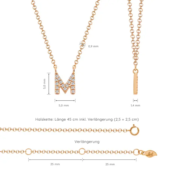 Leaf Jewelry Halskette Letter "M", 14 K Rosegold mit Diamanten Tägliche Deals