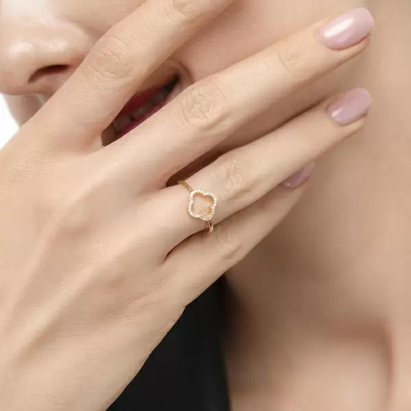 Leaf Jewelry Ring Kleeblatt mit Diamanten, 18 K Gelbgold Kostenloser Versand international