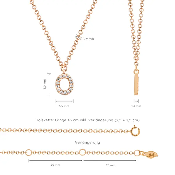 Leaf Jewelry Halskette Letter "O", 14 K Rosegold mit Diamanten Nur noch ein Tag übrig