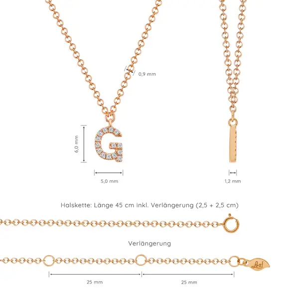 Leaf Jewelry Halskette Letter "G", 14 K Rosegold mit Diamanten Riesige Ersparnisse