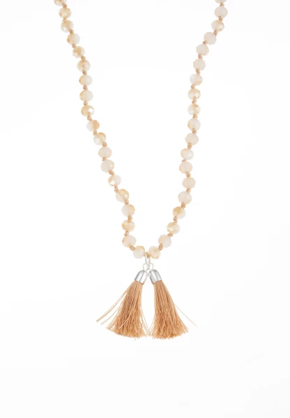 Leslii Lange Kette Tassel Glasperlen Edelstahl Silber Beige Outlet