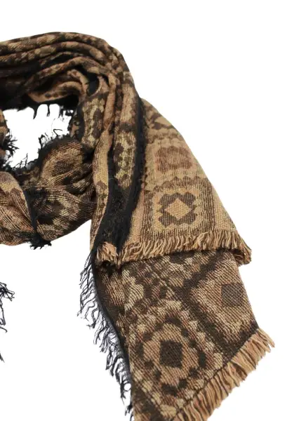 -50% SALE Leslii Schal Kachel-Muster brauner Muster-Schal Fransen-Schal gemustert in Camel Braun Fabrikladen