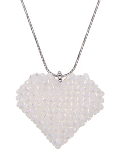 SALE! Leslii Damen-Kette Glasperlen Herz-Anhänger Heart lange Modeschmuck-Kette Silber Weiß Begrenzt auf 3 Tage