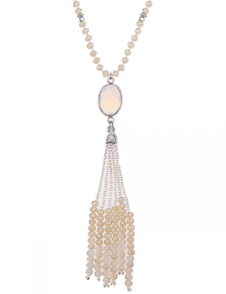 -50% SALE Leslii Lange Halskette Glasperlen-Bommel in Silber Beige Speichern exportieren