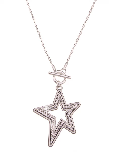 -50% SALE Leslii Damen-Kette Wende-Kette Glitzer lange Stern-Kette Strass Modeschmuck Silber Matt Outlet