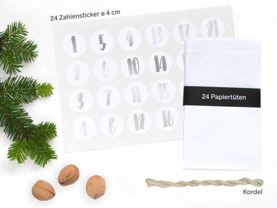 Renna Deluxe Adventskalender SILBER metallic mit weißen Tüten Riesige Ersparnisse