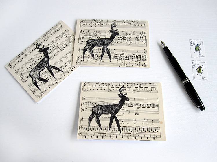 Renna Deluxe Klappkarte mit Hirsch auf Notenpapier Discount Store für neue Produkte