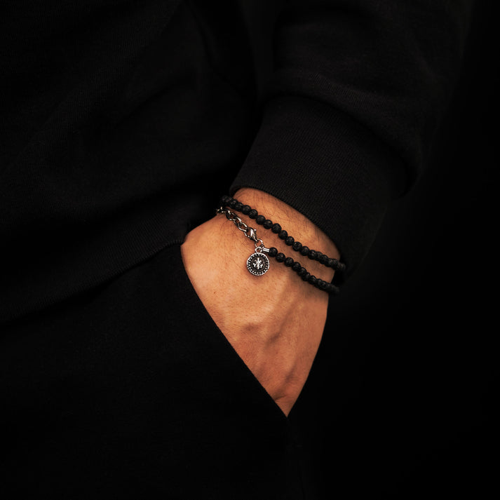 Save Brave Doppeltes Armband aus dunkelgrauen Jasperperlen & Fleur de Lys Anhänger Kostenloser Versand
