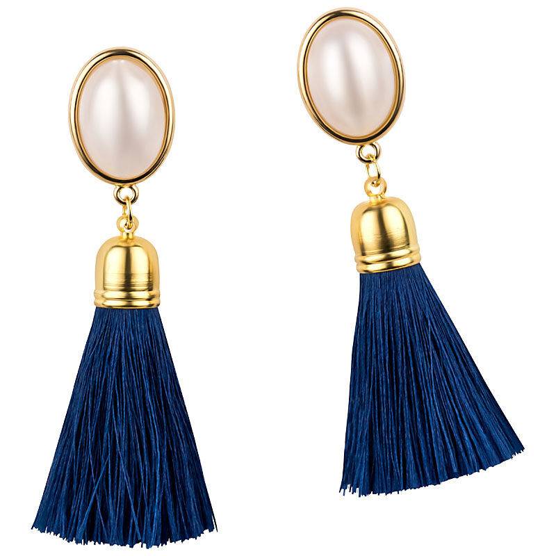 SchwesterSchwester Quasten Ohrringe als Ohrstecker in Perlmuttoptik mit marineblauer Quaste von AmuseToi Super Sparpreis