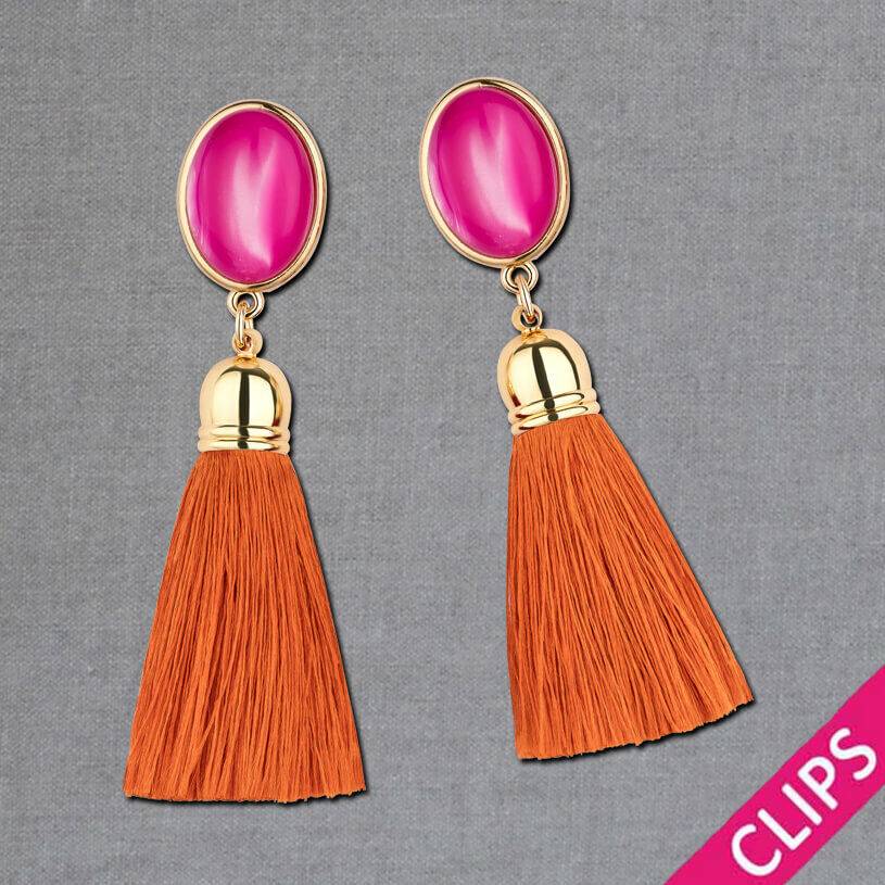 SchwesterSchwester Vergoldete Ohrclips in Pink mit Quaste in Rostorange von AmuseToi Auslauf