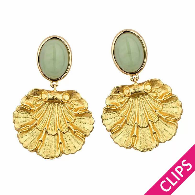SchwesterSchwester Vergoldete Ohrclips in Jadegrün mit goldenem Muschelornament von AmuseToi Angebote