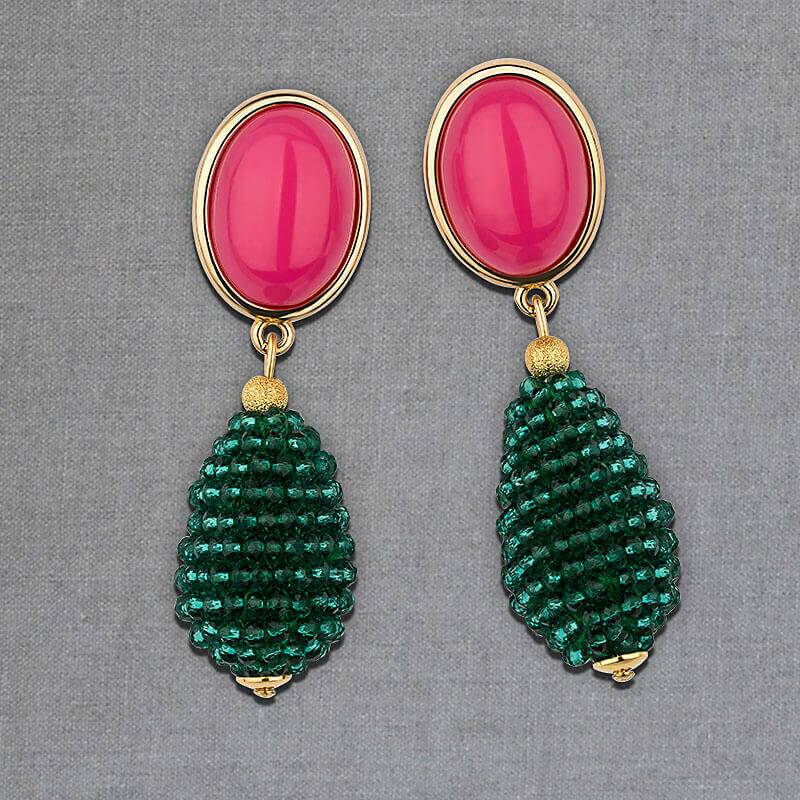 SchwesterSchwester Pinkfarbene Ohrstecker mit glitzerndem dunkelgrünen Tropfen von AmuseToi Sonderangebot der Fabrik