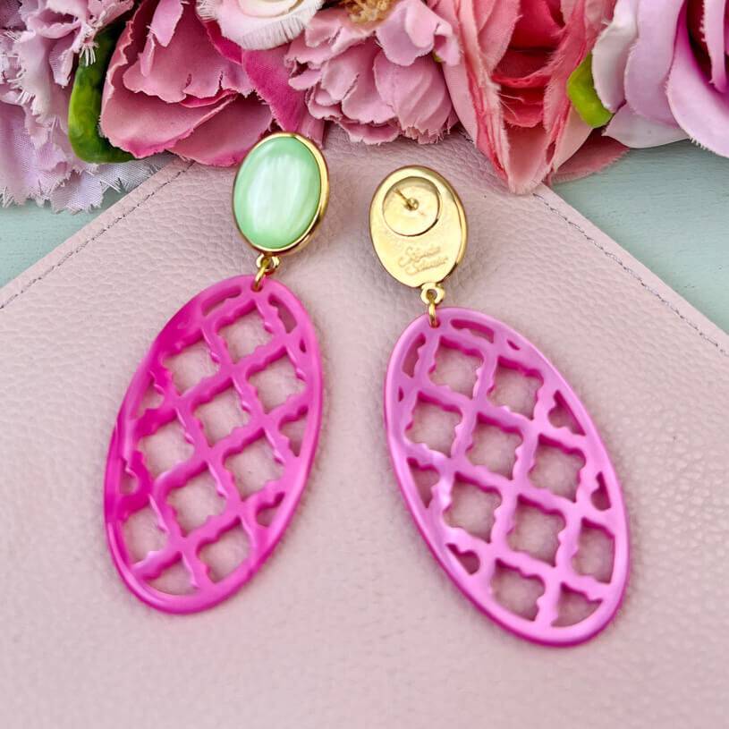SchwesterSchwester Vergoldete Ohrstecker in wunderschönem Hellgrün mit Oval in Pink im Marrakesch-Stil Versandkostenfrei