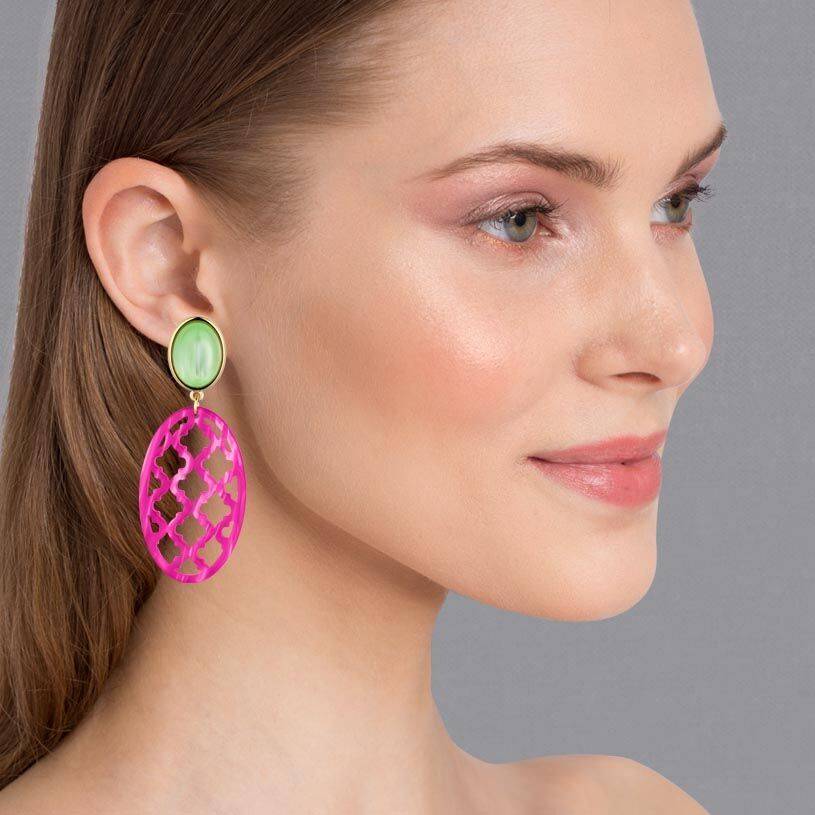 SchwesterSchwester Vergoldete Ohrstecker in wunderschönem Hellgrün mit Oval in Pink im Marrakesch-Stil Versandkostenfrei