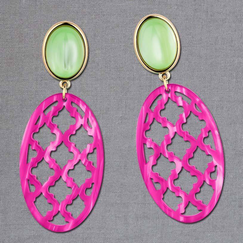 SchwesterSchwester Vergoldete Ohrstecker in wunderschönem Hellgrün mit Oval in Pink im Marrakesch-Stil Versandkostenfrei