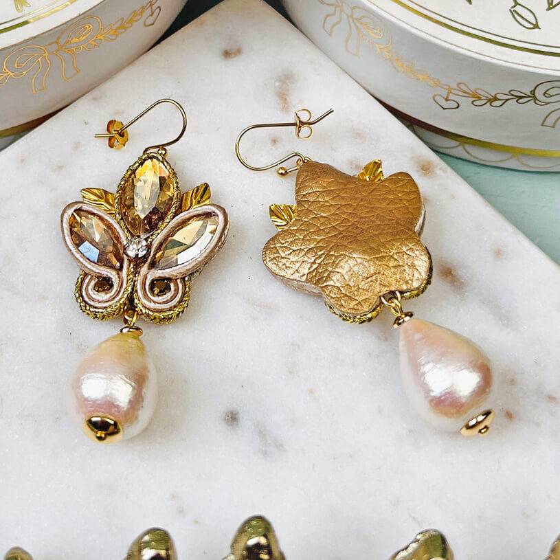 SchwesterSchwester Schöne Soutache-Ohrhänger in Champagner und Gold mit Baumwolltropfen Neueste Mode