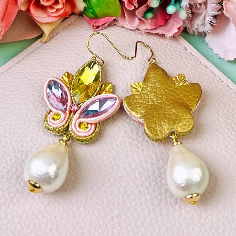 SchwesterSchwester Schöne Soutache-Ohrhänger in Flieder und Gelb mit Baumwolltropfen Online Outlet