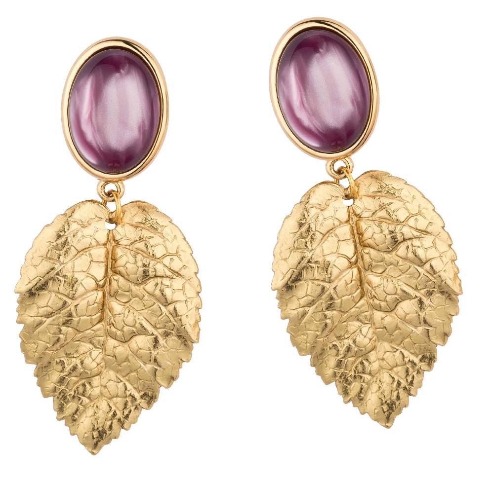 SchwesterSchwester Amethystfarbene Ohrstecker mit goldenem Blatt von AmuseToi Vatertagsangebot