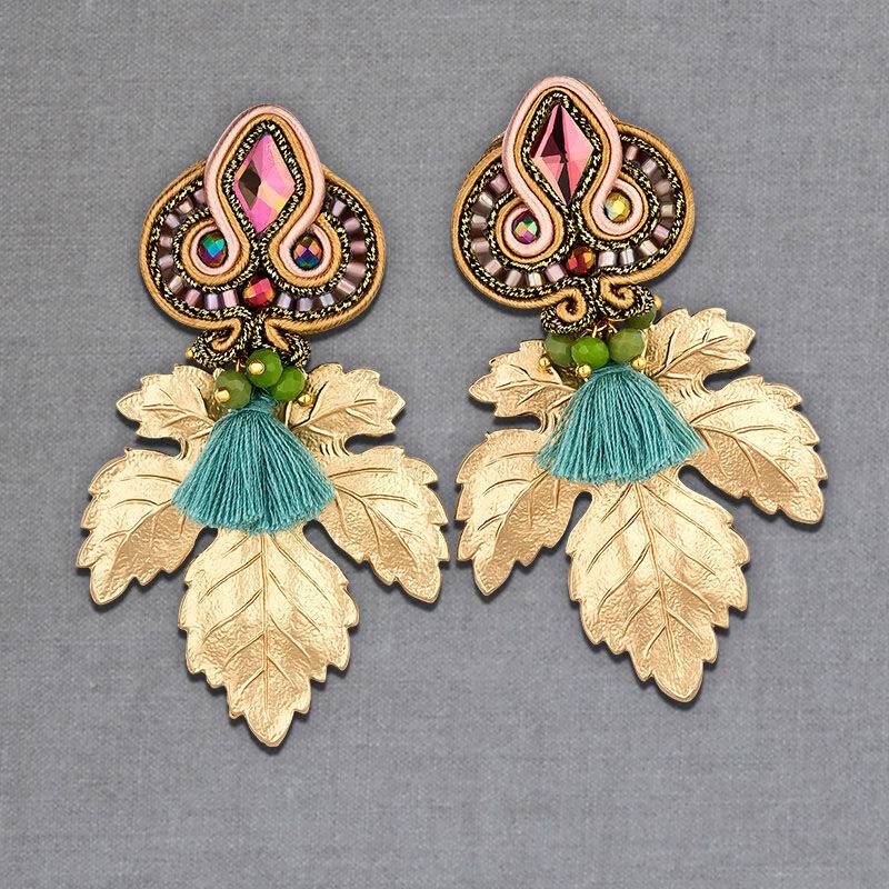 SchwesterSchwester Rosafarbene Soutache-Ohrstecker kleinen hellblauen Quasten und goldenen Blättern Saisonale Angebote