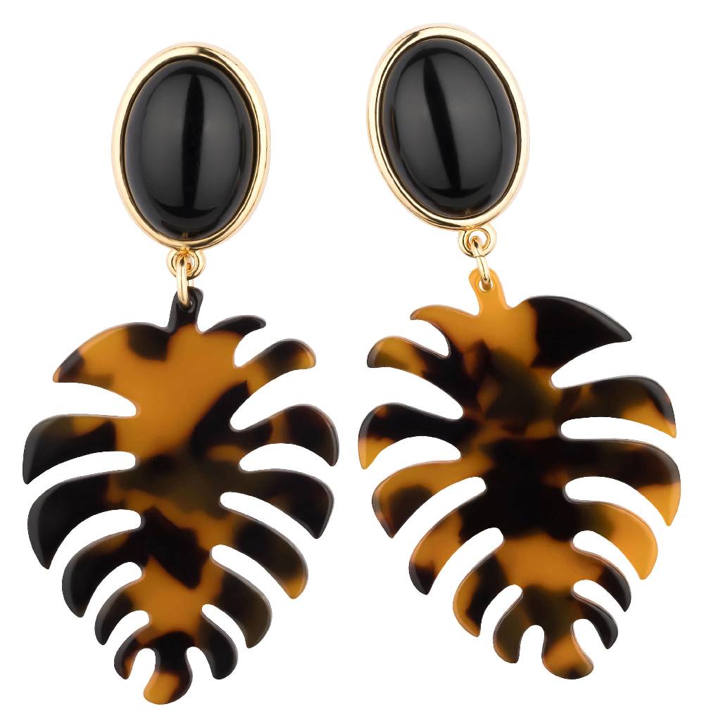 SchwesterSchwester Schwarze Ohrstecker mit schildpattfarbenem Monstera-Blatt von AmuseToi Fabrikverkauf